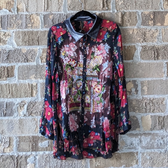 Aratta Tops - Aratta Silent Journey Bohemian Embroidered Long Line Tunic Blouse Size Large
